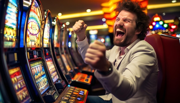 L'uomo vince giocando alle slot machine nel casinò