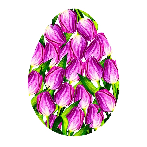 L'uovo è decorato con tulipani rosa in fiore. Illustrazione ad acquerello.