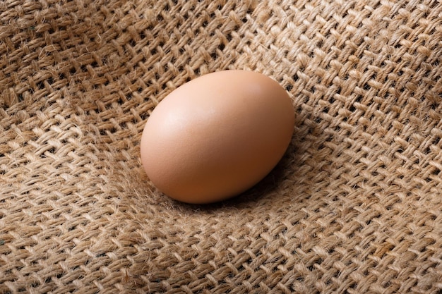 L'uovo marrone si trova su un sacchetto Prodotti grezzi naturali