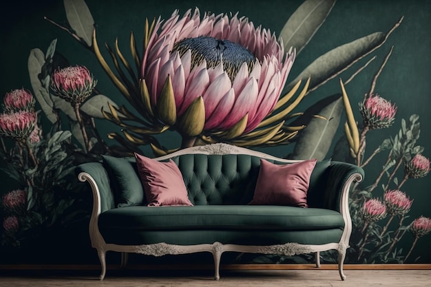 L39arredamento di una camera elegante presenta un divano e uno splendido fiore di protea sul muro