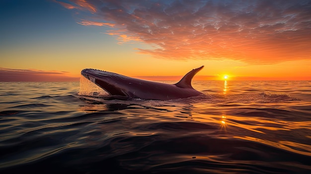 La balena blu nuota maestosamente vicino alla superficie dell'oceano durante un tramonto mozzafiato con le tonalità calde che si riflettono sull'acqua che trasmette un'atmosfera serena e pacifica