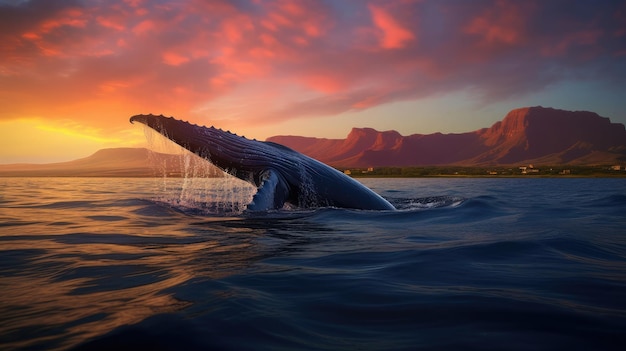 La balena blu nuota maestosamente vicino alla superficie dell'oceano durante un tramonto mozzafiato con le tonalità calde che si riflettono sull'acqua che trasmette un'atmosfera serena e pacifica