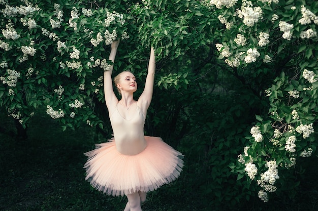 La ballerina che balla all'aperto il balletto classico posa nel paesaggio dei fiori