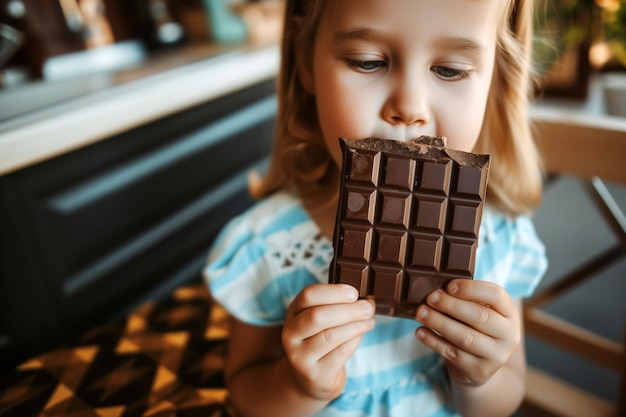 La bambina ama la barretta di cioccolato che i bambini malsani mangiano