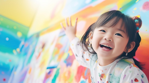 La bambina asiatica sta dipingendo l'arcobaleno colorato e il cielo sul muro e sembra un concetto felice e divertente di educazione artistica e impara attraverso l'attività di gioco per i bambini, copiando lo spazio per il testo