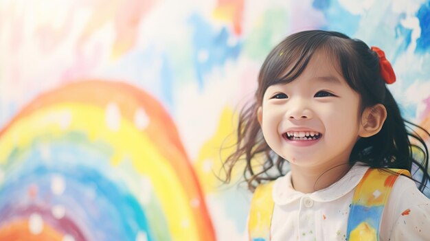 La bambina asiatica sta dipingendo l'arcobaleno colorato e il cielo sul muro e sembra un concetto felice e divertente di educazione artistica e impara attraverso l'attività di gioco per i bambini, copiando lo spazio per il testo