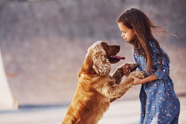 La bambina carina fa una passeggiata con il suo cane all'aperto in una giornata di sole