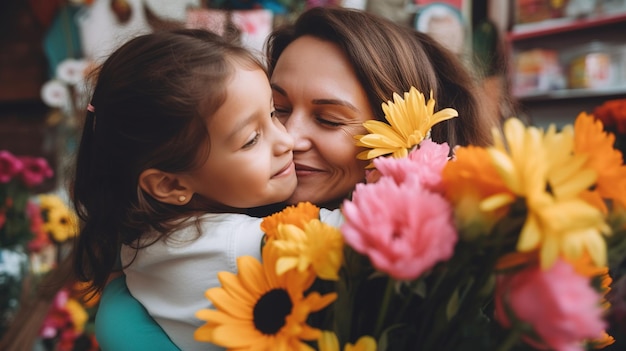 La bambina che festeggia la festa della mamma con fiori e abbracci per sua madre