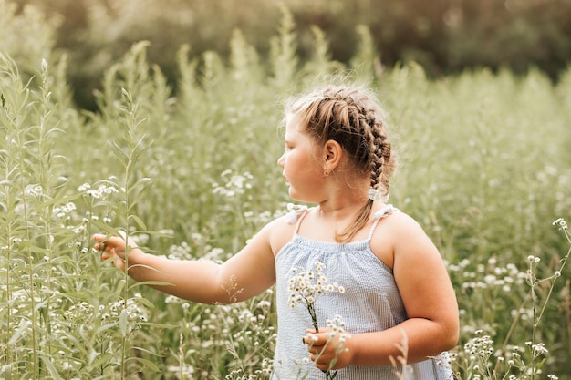 La bambina con i fiori cammina in un campo di fiori in estate