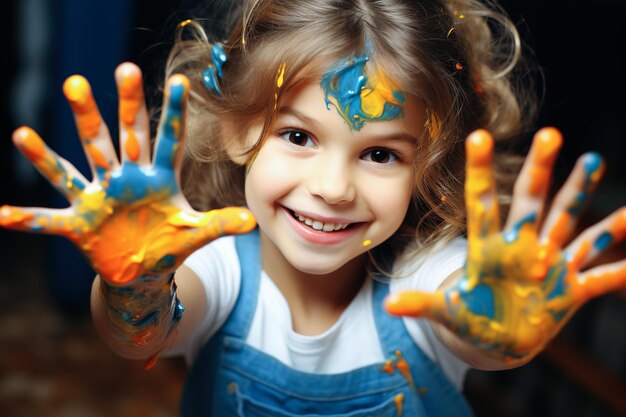 La bambina divertente disegna ridendo mostra le mani sporche di vernice colorata Il bambino gioca con i colori