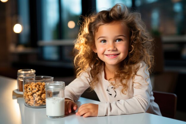 La bambina è seduta al tavolo e sta cenando con un bicchiere di latte e biscotti di grano sani in cucina