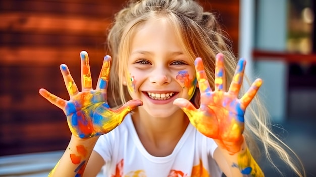 La bambina felice mostra le sue mani disegnate con vernici di diversi colori fatte con l'IA generativa
