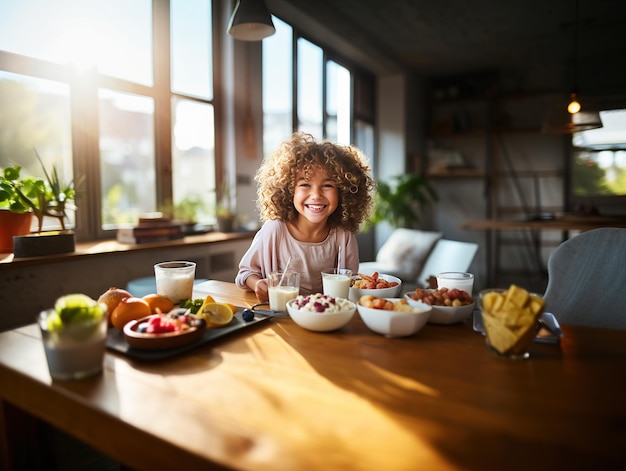 La bambina felice si siede al tavolo e mangia porridge e frutta Concetto di cibo sano per bambini Design ai