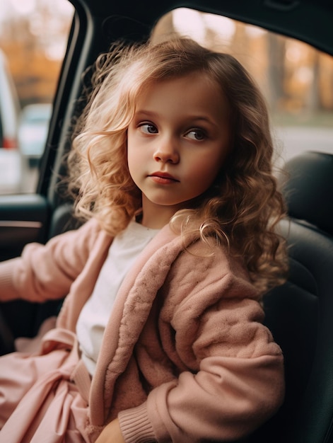 La bambina felice va al viaggio estivo in macchina