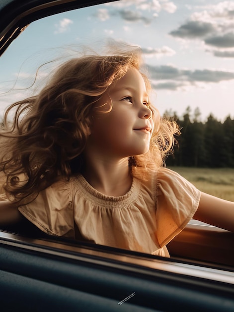 La bambina felice va al viaggio estivo in macchina