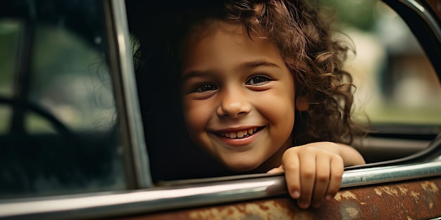 La bambina felice va al viaggio estivo in macchina