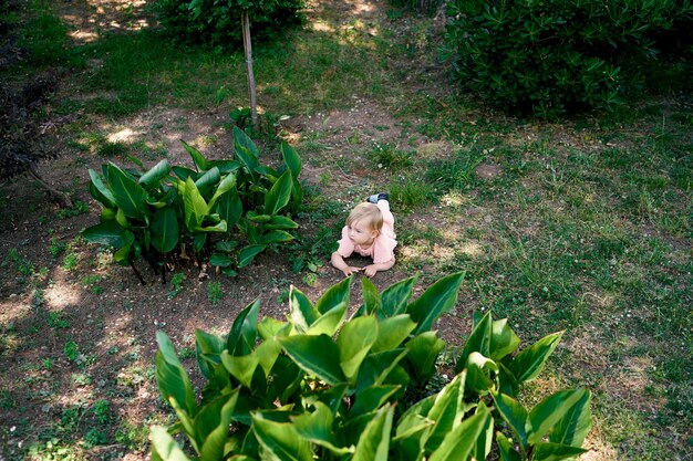 La bambina giace a pancia in giù vicino a cespugli verdi