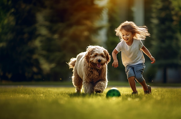 La bambina gioca con il cane e la palla giocattolo sull'erba nel sentiero del parco nella foresta o nel prato del cortile I bambini si divertono molto all'aperto con il cane a pecorina Cucciolo che corre gioca a recuperare il gioco Casa estiva di sobborgo