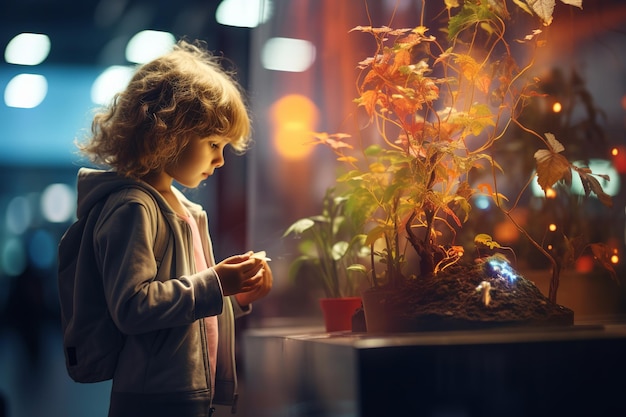 La bambina guarda con interesse una piccola pianta luminescente che cresce in un ecosistema artificiale di vetro