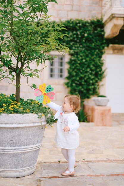 La bambina ha portato un fiore giocattolo in una vasca con un albero sullo sfondo degli edifici della città di