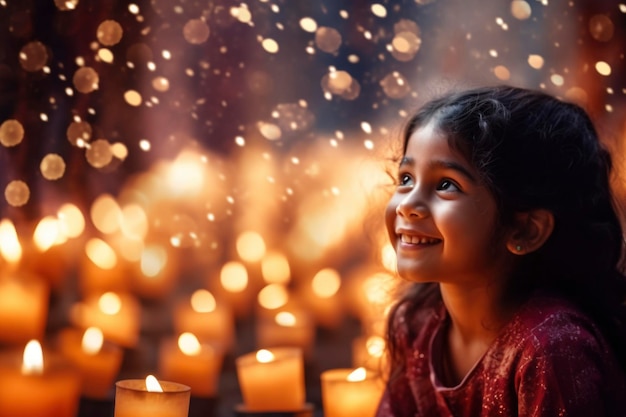 la bambina indiana tiene in mano la lampada diyas e guarda gli incredibili diyas al Diwali Festival
