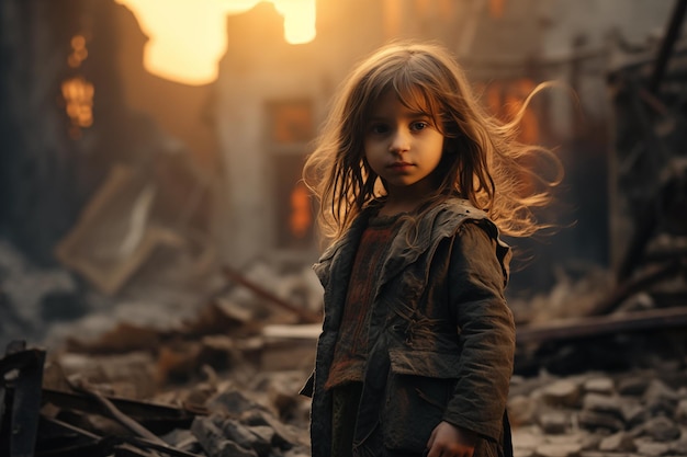 La bambina orfana piange davanti all'edificio distrutto da un attacco missilistico