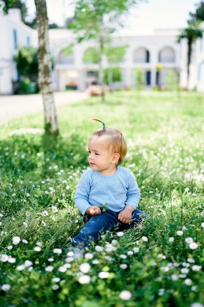 La bambina si siede sull'erba verde su fondo di legno wood