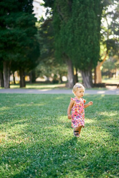 La bambina sta su un prato verde nel parco