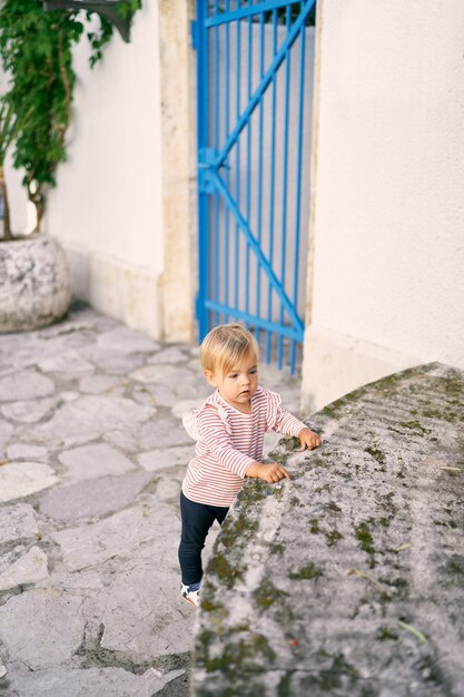 La bambina sta su una piastrella di fronte a un recinto di pietra e tiene le mani su una sporgenza