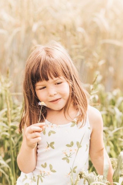 La bambina sveglia raccoglie i fiori sul campo in estate