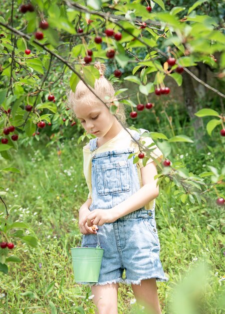 La bambina sveglia sceglie una ciliegia da un albero nel giardino dei ciliegi