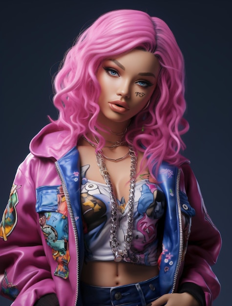 La bambola di plastica bionda della vita reale con i capelli rosa indossa stile hip hop moda e crop top