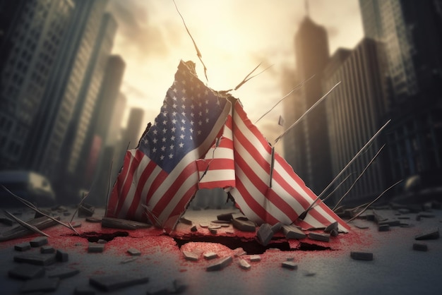 La bandiera americana caduta sullo sfondo dei grattacieli distrutti il crollo dell'america