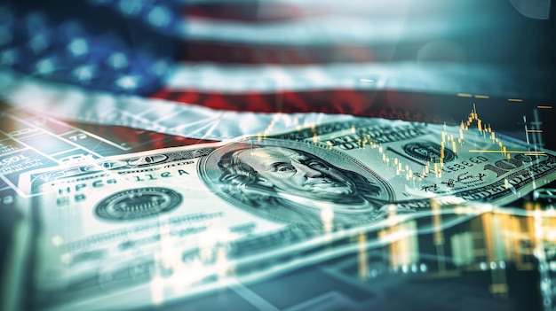 La bandiera americana fa da sfondo a una banconota da un dollaro che simboleggia l'intersezione tra patriottismo e finanza