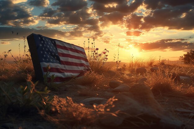 La bandiera americana in mezzo a un campo di fiori