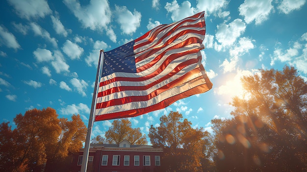 La bandiera americana sta sventolando contro un cielo limpido.