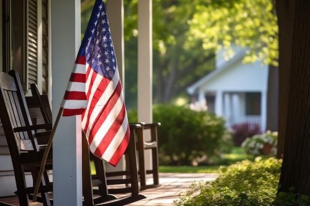 La bandiera degli Stati Uniti sul portico della casa irradia inequivocabilmente un senso di patriottismo che significa fedeltà nazionale
