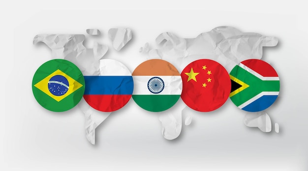 La bandiera del Brasile, della Russia, dell'India, della Cina e del Sudafrica sulla mappa del mondo per l'evento economico internazionale BRICS
