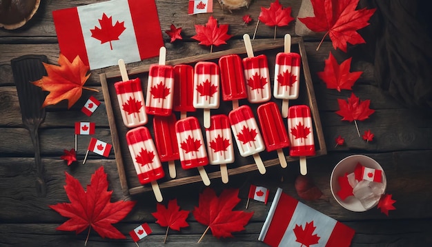 La bandiera del Canada è vista sopra un tavolo di legno rustico