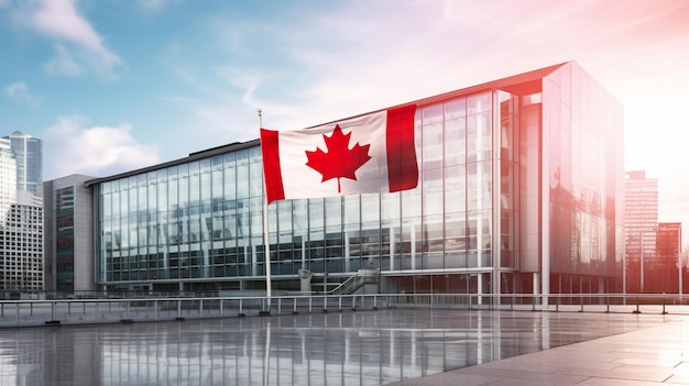 La bandiera del Canada sullo sfondo di un grande centro moderno generativo di IA