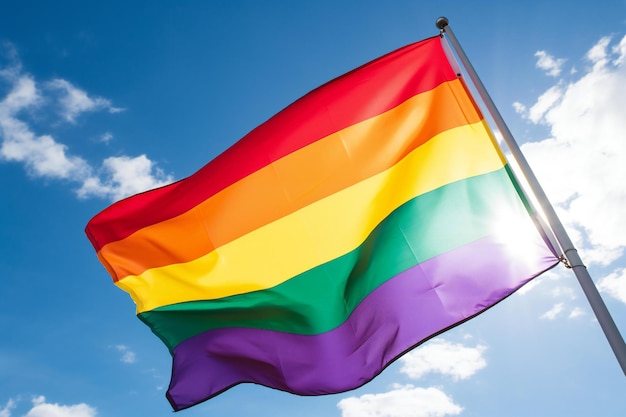 La bandiera dell'arcobaleno che ondeggia nel vento contro un cielo blu con le nuvole