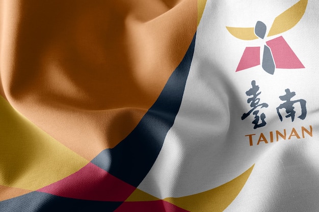 La bandiera dell'illustrazione 3D della città di Tainan è una provincia di Taiwan che sventola la bandiera del vento con l'iscrizione con il nome della regione in cinese