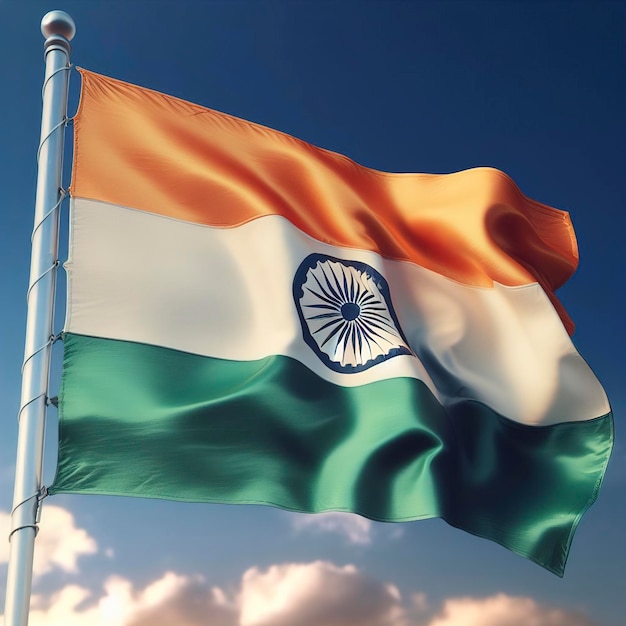 La bandiera dell'India sventola contro il bellissimo cielo blu.