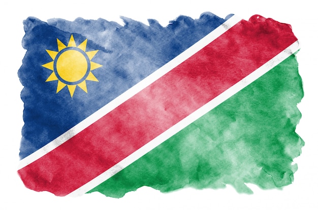 La bandiera della Namibia è raffigurata in stile acquerello liquido isolato su bianco