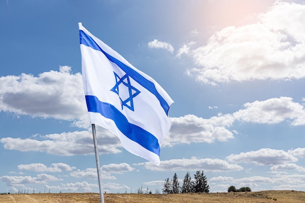 La bandiera di Israele su un campo e uno sfondo con cielo nuvoloso Memorial dayYom Hazikaron Festa patriottica Independence Day Israele Yom Ha'atzmaut concept