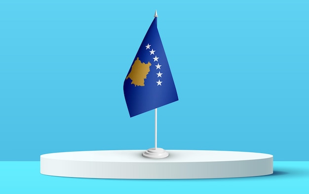 La bandiera nazionale del kosovo su un podio e sfondo blu.