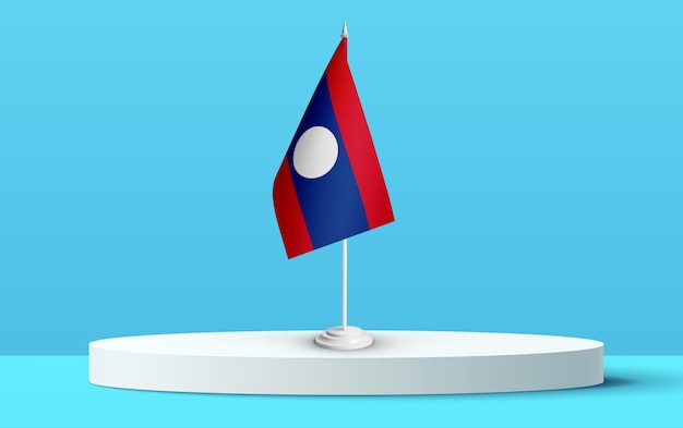 La bandiera nazionale del laos su un podio 3D e sfondo blu.