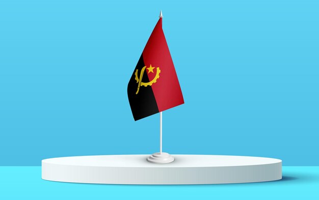 La bandiera nazionale dell'Angola su un podio 3D e sfondo blu.