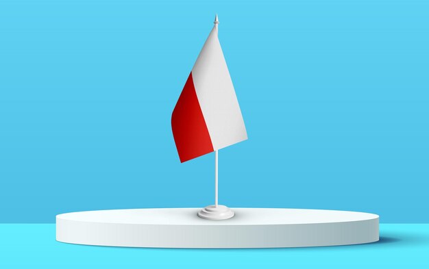 La bandiera nazionale della Polonia su un podio 3D e sfondo blu.