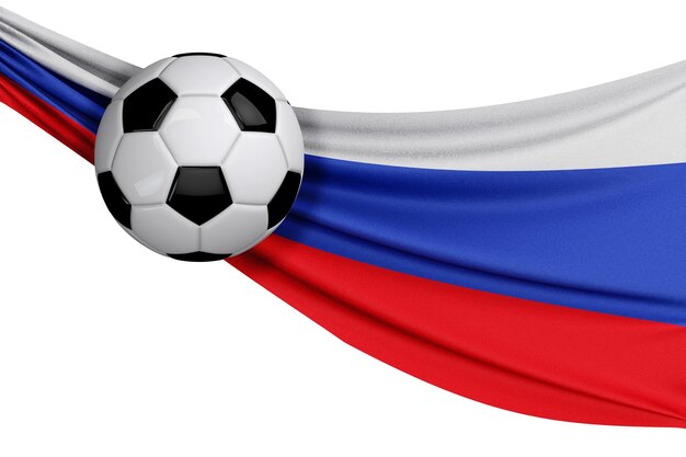 La bandiera nazionale della Russia con un pallone da calcio Concetto di tifoso di calcio Rendering 3D